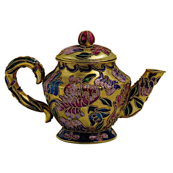 Vintage Small Cloisonné Hand-Painted and Enamel Gold Gilt Teapot and Lid - Picture 7 of 9